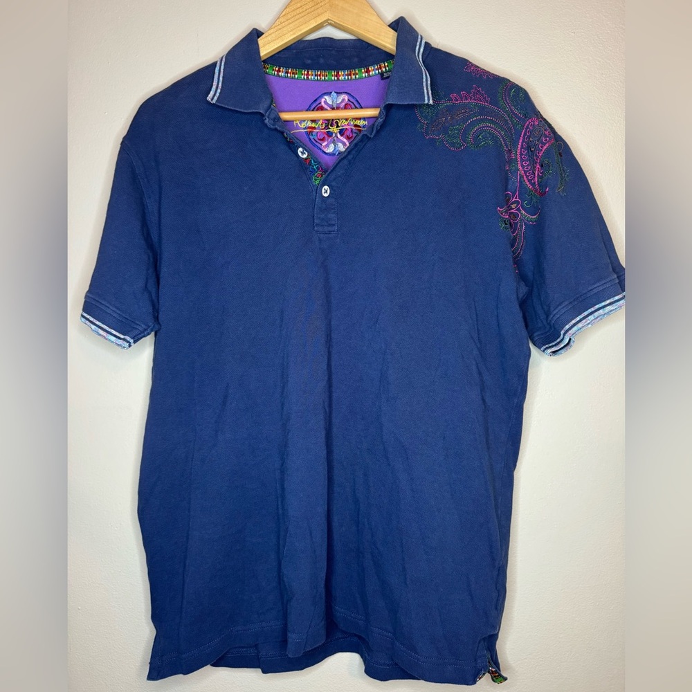 Robert Graham Polo Shirt Mens Medium Blue Embroidered Paisley Flip Cuff Cotton